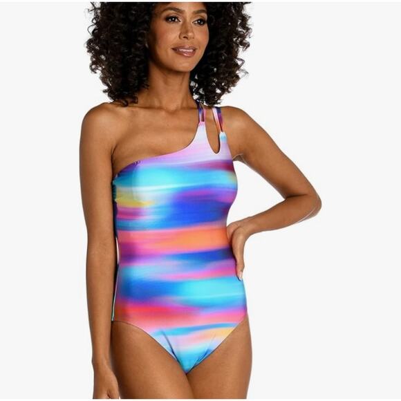LA BLANCA Sunset Shores Swimsuit SZ 8 One Shoulder Ombre NWT Rainbow Multicolor - Picture 1 of 16